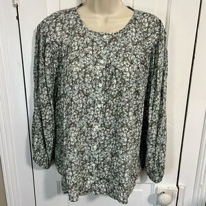J. Jill Floral Blouse Shirt Voluminous Wide Sleeve Gray Blue Small V2